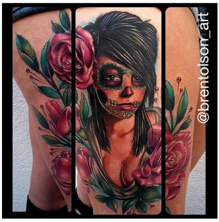 Tattoos - color realistic day of the dead tattoo, Brent Olson Art Junkies Tattoo - 75521